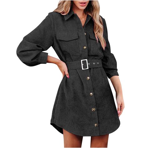 HAiming Women Corduroy Dress Button down Long Sleeve Lapel Belted Mini ...