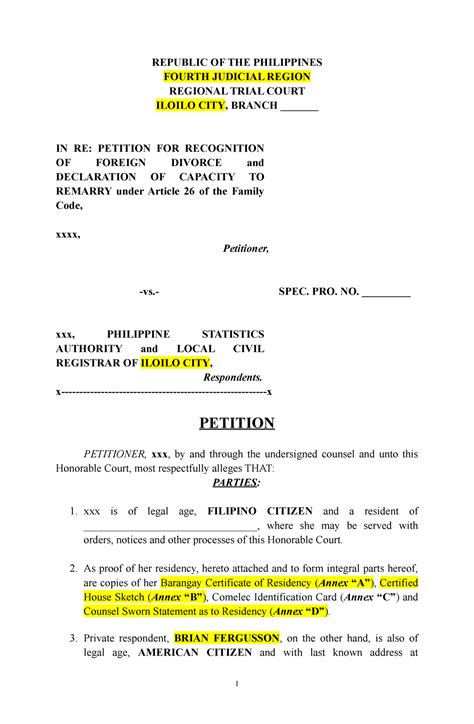 Petition for Recognition of Foreign Divorce (sample only) - REPUBLIC OF THE PHILIPPINES FOURTH ... - process of legal separation in the philippines