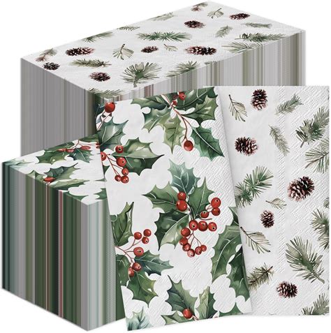 Amazon.com: VIYNRAN 200-Pack Christmas Guest Napkins - Watercolor Holly ...