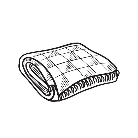 Wool blanket folded with fringe sketch. graphic line illustration hand drawn isolated. Black and ... - outline of quilt drawing