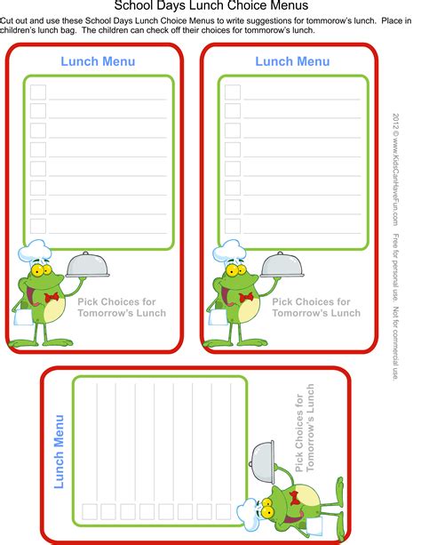 School Days Lunch Choice Menus. Parents write down choices for tomorrow ...