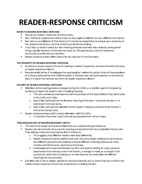 Reader Response Theory - READER-RESPONSE CRITICISM INTRO TO READER ...