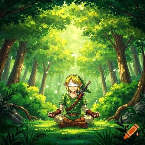 Anime style Link meditating blindfolded in a forest on Craiyon