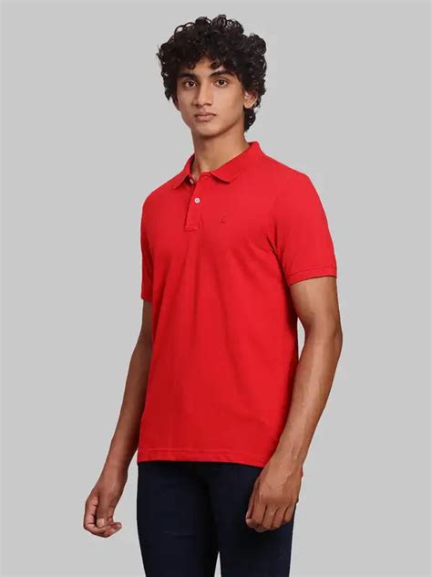 Men Red Regular Fit Solid Cotton Polyester Blend Round Neck Collar Pol ...