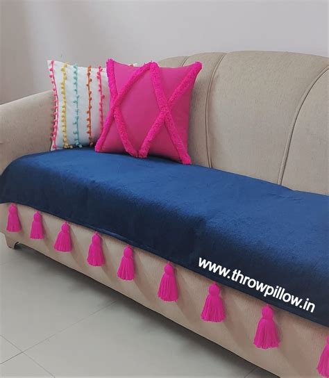 Navy Blue with Pink TasselsL Shape Corner 7 Seater Sofa Cover-2 Seater ...