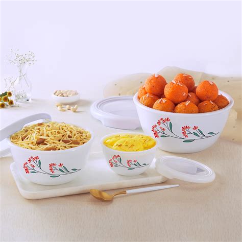 Buy CELLO Opalware Mixing Bowl Set with Premium Lid, Red Blossom, 3 ...