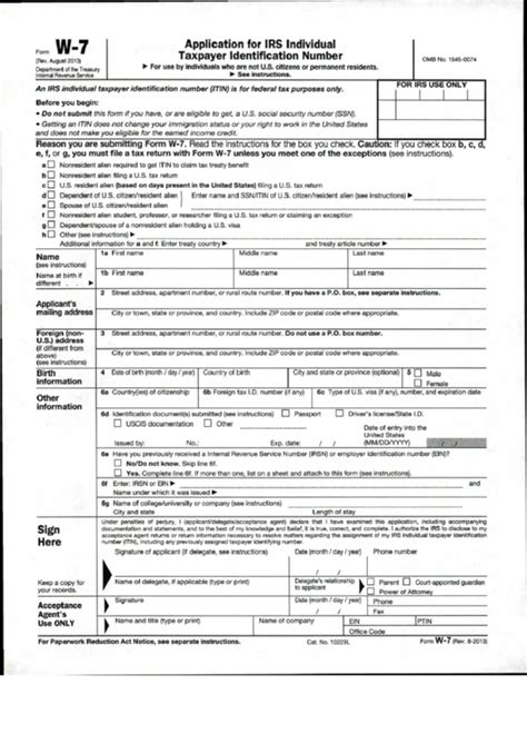 Form W-7 - Application For Irs Individual Taxpayer Identification ...