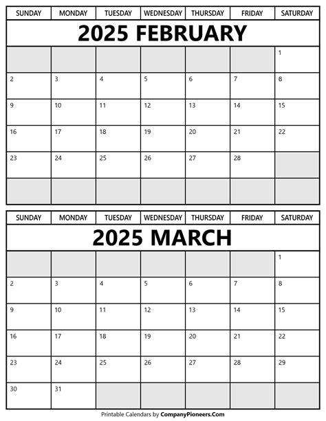 February March 2025 Calendar Printable - Template