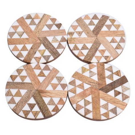 Wooden And Resin Beige Coasters With Triangle Motifs In Set Of 4