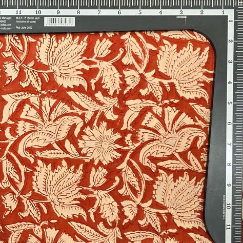 Pre Cut (1.80 Meter) Pure Cotton Bagru Red With Off White Jungle Flowe ...