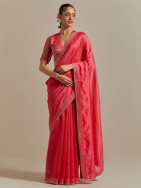 Pink Embroidered Chanderi Saree with Blouse- Set of 2