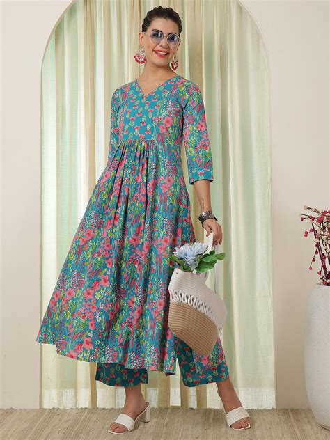 Blue Cotton Calf Length Printed V-Neck Semi-Flared Kurta Palazzo Set ...