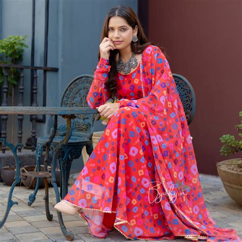 Cherry Red Bandhani Print Georgette Gota Patti Suit Set With Dupatta ...