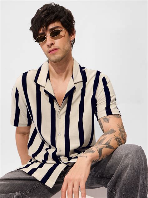 Buy Stripes: Black, White Men Knit Shirt Online