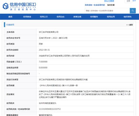 浙江合评检验有限公司因“出具虚假文件”被罚7万元-中国质量新闻网