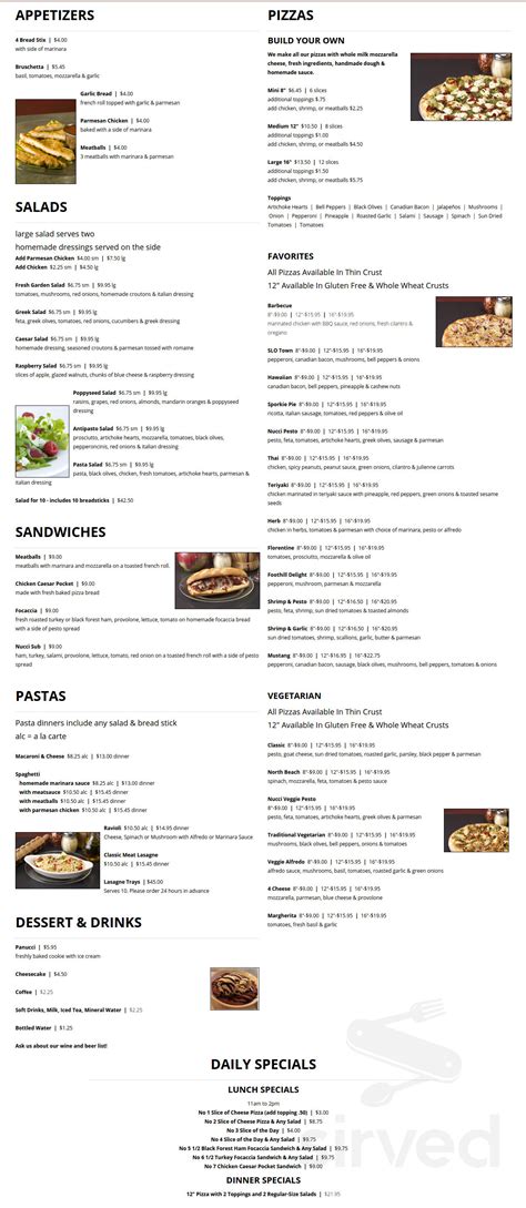 Menu for Nucci's Pizza in San Luis Obispo, CA | Sirved