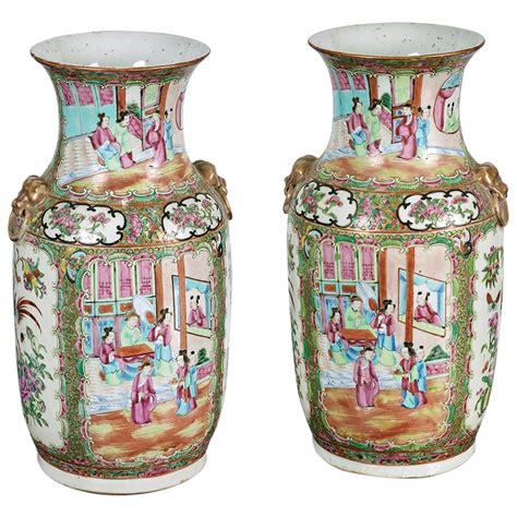 Pair of Large 19th Century Chinese Cantonese Floor Vases on Carved Wood ...
