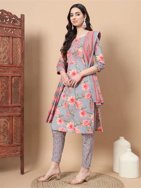 Blue Ethnic Motifs Cotton Kurta Dupatta Set – Yufta Store