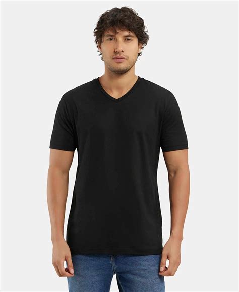 Buy Super Combed Cotton Rich Solid V Neck Half Sleeve T-Shirt - Black ...