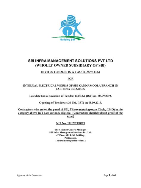 Fillable Online INTERNAL ELECTRICAL WORKS OF SBI KANNAMOOLA BRANCH IN ...
