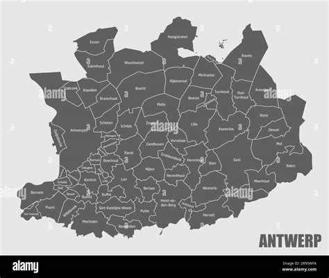 Antwerp administrative map isolated on gray background, Belgium Stock ...