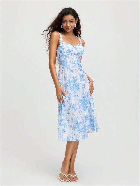 SHEIN MOD Women's Blue & White Floral Print Mid-Length Dress, Summer ...