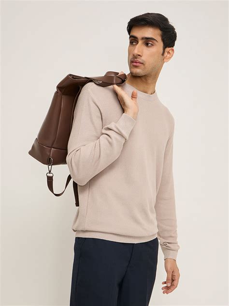 Buy WES Formals Beige Knitted Slim-Fit Sweater from Westside