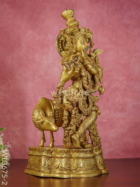 Brass Flute Krishna with Cow (Brown Antique Finish) - 23 inch - WL3675 ...