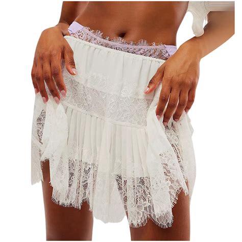 Uuwenda Women Skirts White Lace Mini Skirt Low Rise Half Slip Underskirt Ruffle Pleated Layered ...