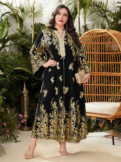 Al Najma Plus Gold Floral Print Notched Neckline Contrast Tape Dress ...