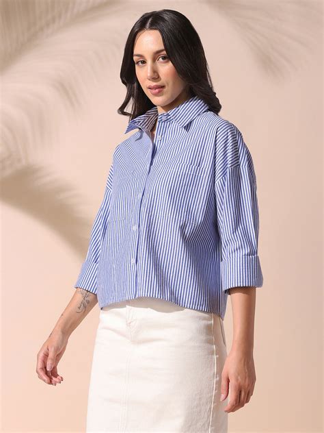 DL Woman Blue Striped Spread Collar Drop Shoulder Relaxed Cotton Shirt ...
