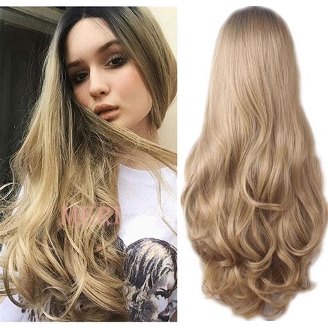 AneShe Ombre Wig Long Wavy 2 Tone Black and Blonde Ombre Wig Dark Roots ...