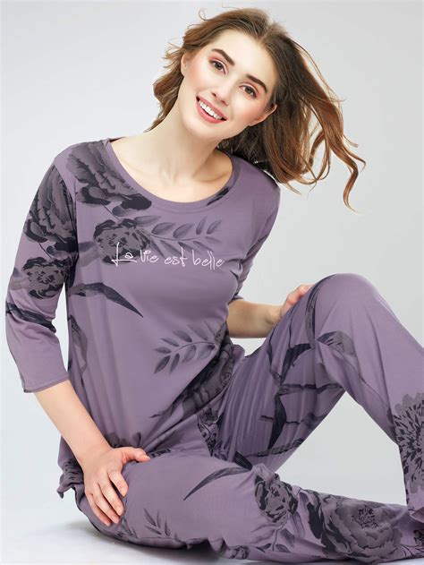 ZEYO Night Suit for Women's Violet Floral Printed Cotton Night Dress o