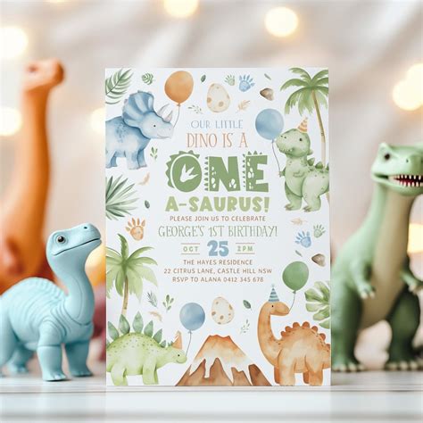 Dinosaur 1st Birthday Invitation Template, Dinosaur First Birthday ...