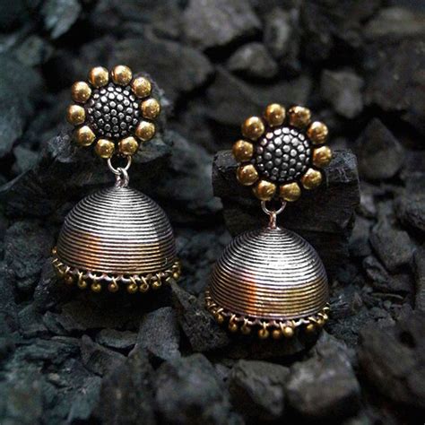 Shop Rubans Oxidised Silver & Antique Gold-Toned Dome-Shaped Jhumkas ...