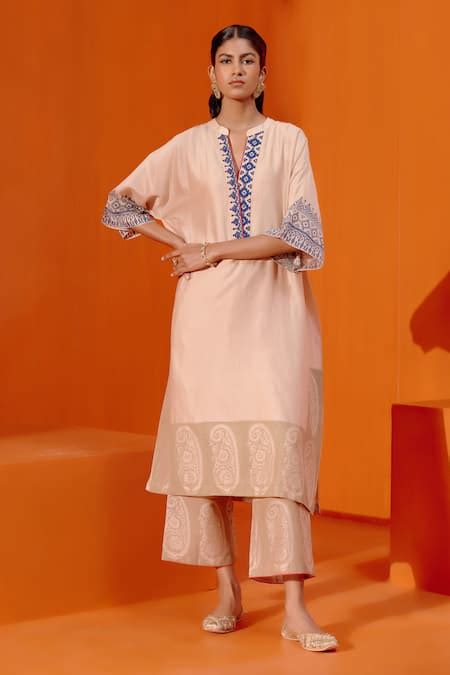 Buy Beige Silk, Chanderi Embroidery Paisley Block Print Kaftan And ...