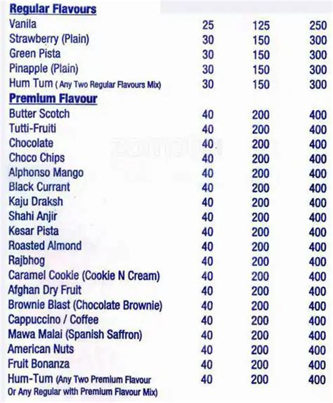 Menu at Amul Ice Cream, Mumbai, Gala No. 5