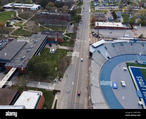 Aerial photograph of Drake University on a beautiful spring evening ...