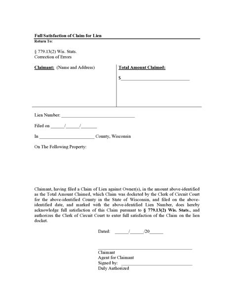 Wisconsin Full Satisfaction of Lien Form | Free Template