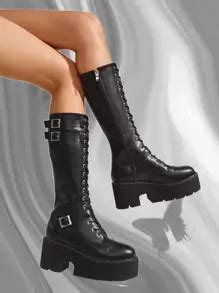 Buckle Decor Lace-up Riding Boots | SHEIN USA