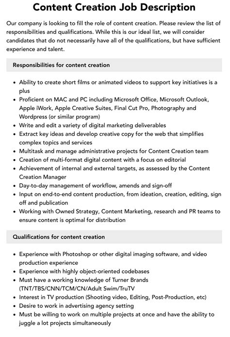 Content Creation Job Description | Velvet Jobs