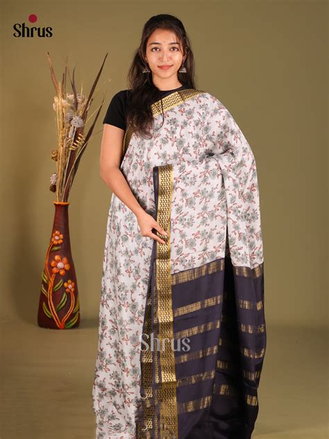 Buy Off White Floral Printed Mysore Silk Saree With Blue Border