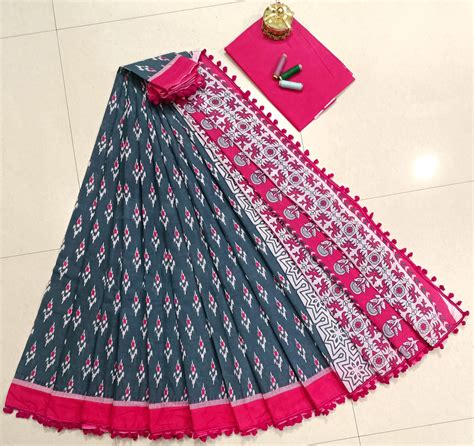 Pure Mulmul Cotton hand block Print Saree with Blouse – thecotlin