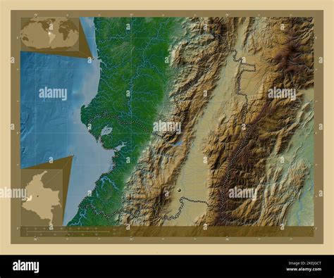 Valle del Cauca, department of Colombia. Colored elevation map with lakes and rivers. Corner ...