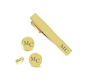 Buy Personalized Gold Circle Cufflinks & Tie Clip Set Custom Engraved ...