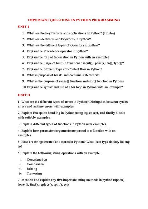 Important Questions in Python Programming (CS101) - Unit 1 & 2 - Studocu