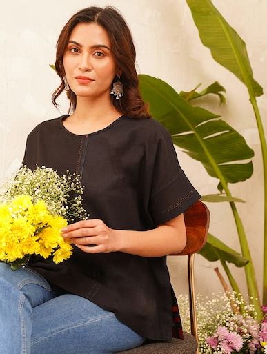 Shop Jaypore Women Black Cotton Solid Round Neck Loose Fit Tops for ...