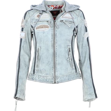 Women's Detachable Hood Leather Biker Jacket Stone Wash: Diana