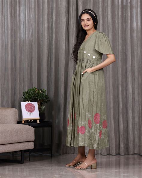 Dahlia - Earth Green v neck maxi dress – Sukruti Design