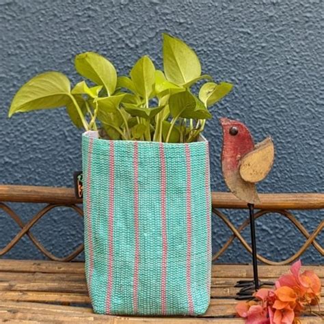 Green with Pink Stripes Waste Plastic Wrappers Upcycled Handwoven Grow ...